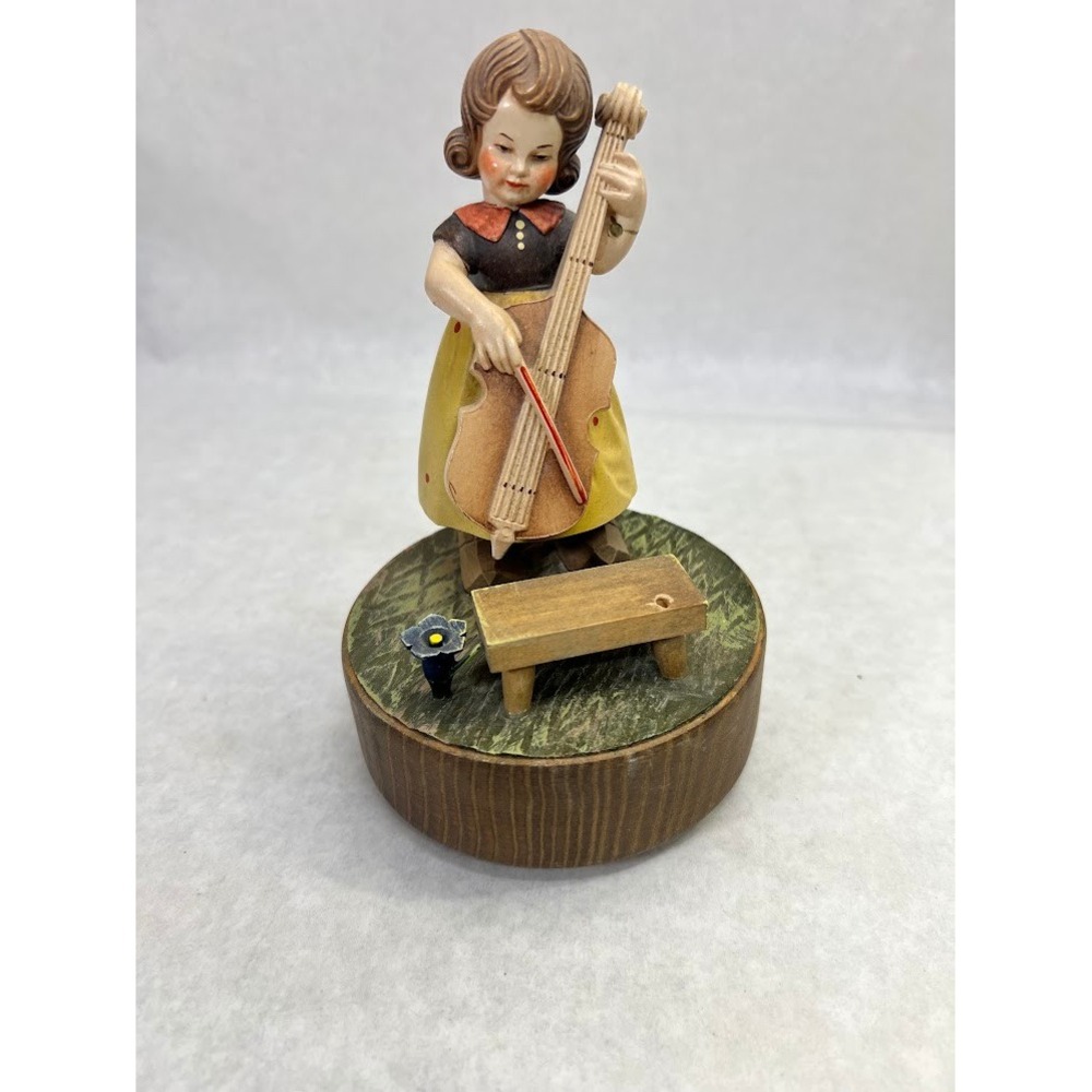 Vintage Anri Wood Carved Music Box Girl Playing Cello Reuge Swiss Movement 6in
